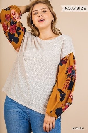 Natural Waffle Knit Top with Floral Sleeves- Plus