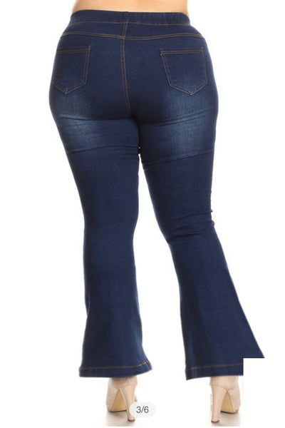 Dark Denim Pull On Flare Jeans - Plus