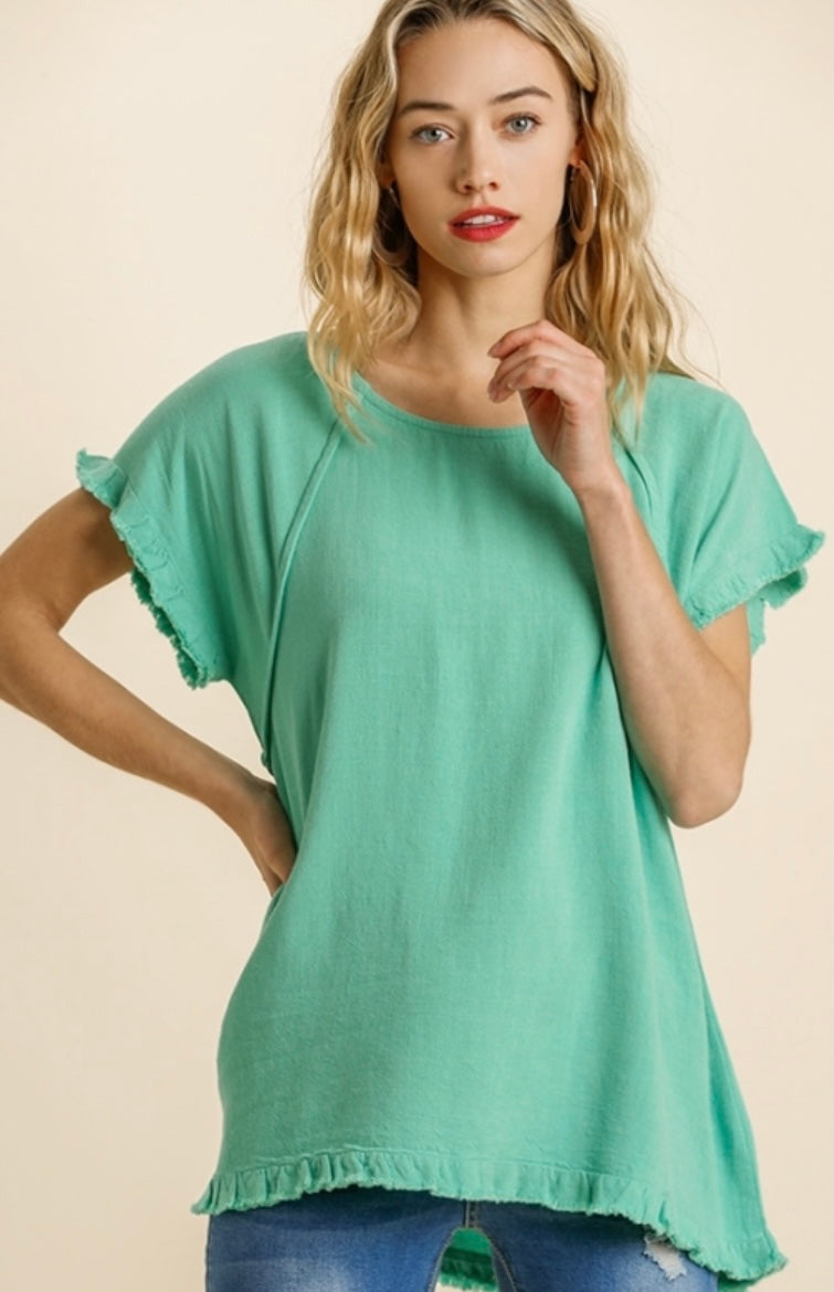 Emerald Linen Blend Pintuck High Low Fringe Hem Top