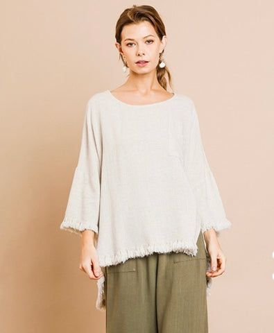 Oatmeal Linen Long Bell Sleeve Round Neck Top