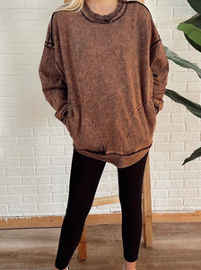 Mineral Wash Rust Brown Patched Side Pockets Sweatshirt