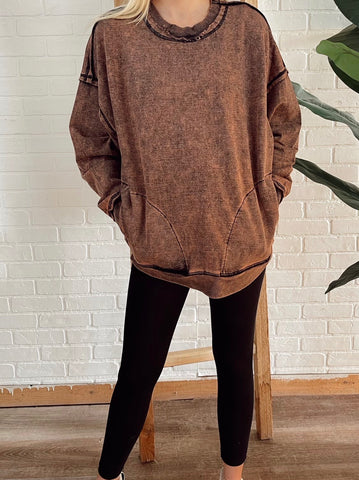 Mineral Wash Rust Brown Patched Side Pockets Sweatshirt