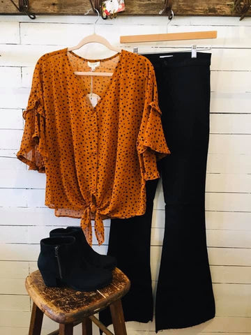 Camel Button Down Dalmatian Print Top