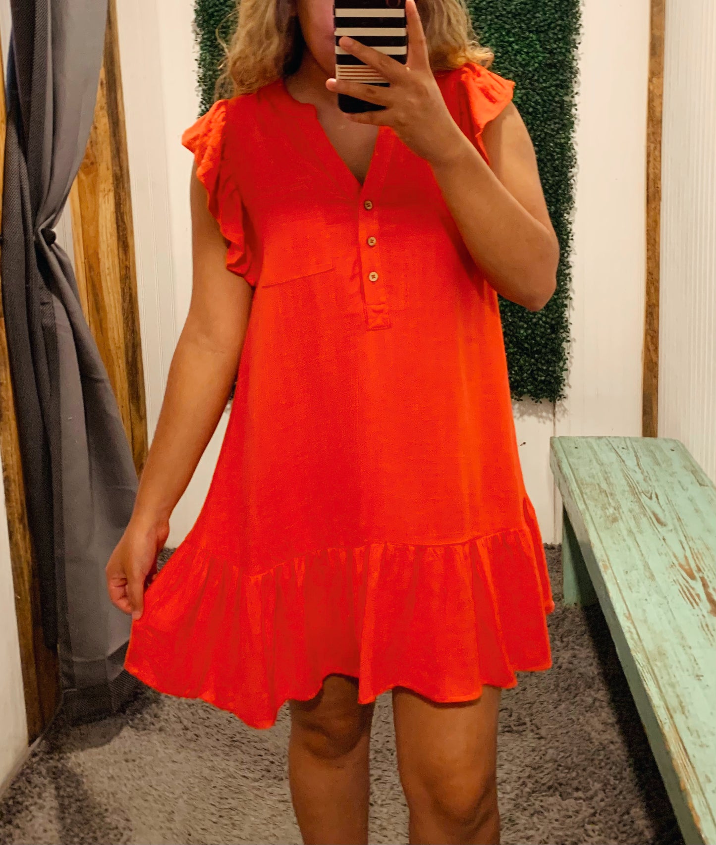 Tomato Red Ruffle Sleeve V-Neck Short Dress