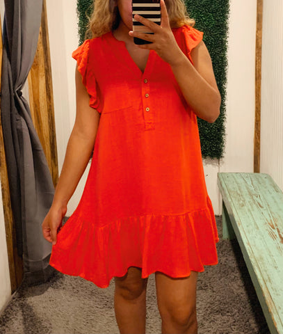 Tomato Red Ruffle Sleeve V-Neck Short Dress