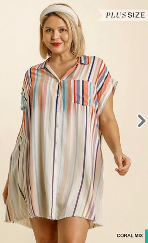 Honey Mix Bleached Striped Collared Button Down Dress- Plus