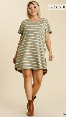 Sage Horizontal Striped Round Neck w/ Pockets- Plus