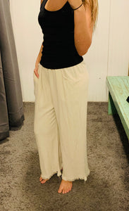 Oatmeal Wide Leg Pants w/ Elastic Waist & Frayed Hem