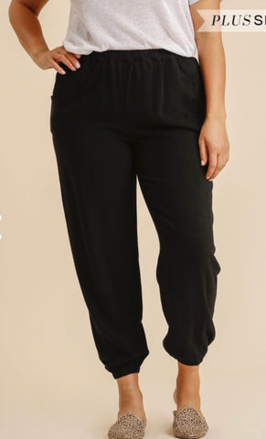 Black Linen Jogger Pants w/ Pockets & Elastic Waist- Plus