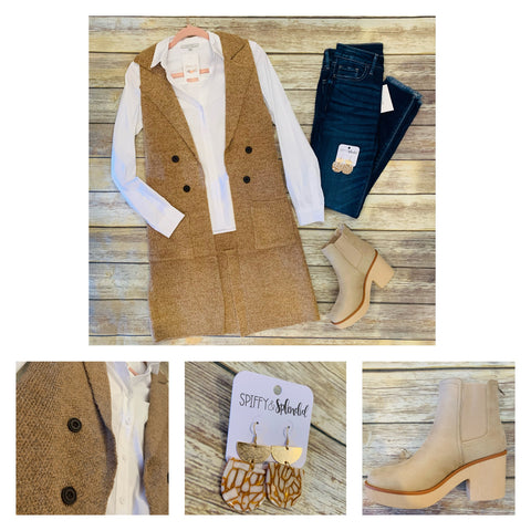 Camel Sweater Knit Long Vest
