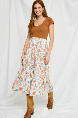 Light Blue Coral Floral Midi Skirt