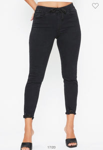 Black High Rise Pull On Distressed Jeans