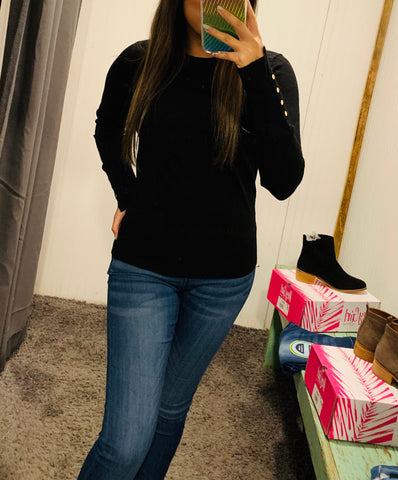Black Fitted Sweater w/ Gold Button Sleeve Hem
