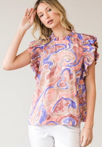 Mauve and Purple Swirl Top w/ Ruffle Sleeves
