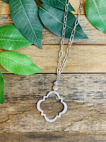 Silver Crystal & White Acrylic Pendant Long Silver Necklace