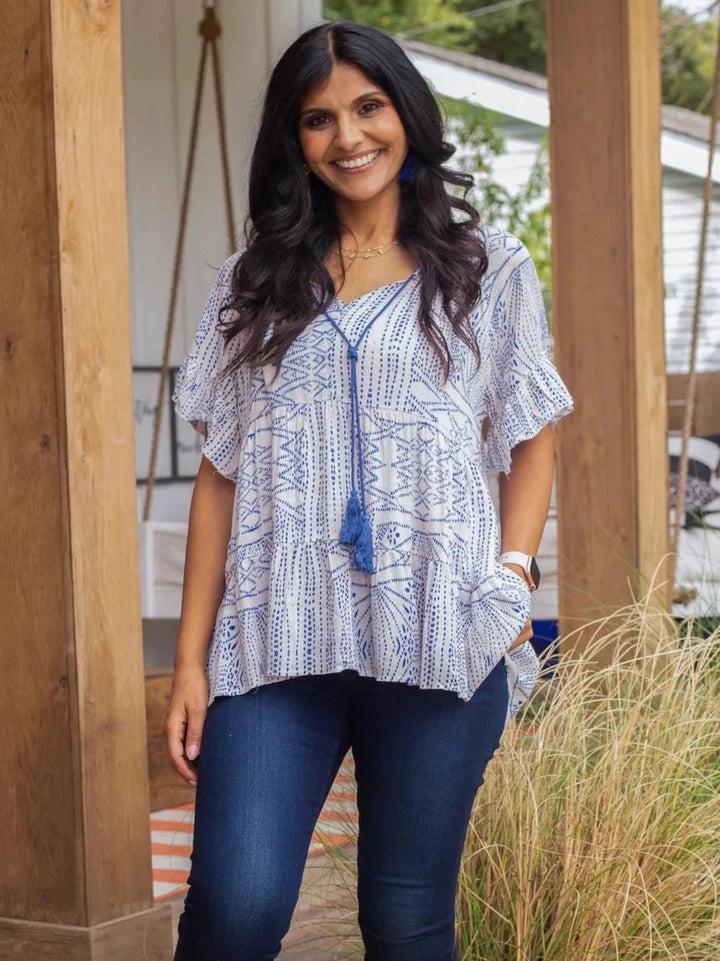 Blue and White Tie Loose Top