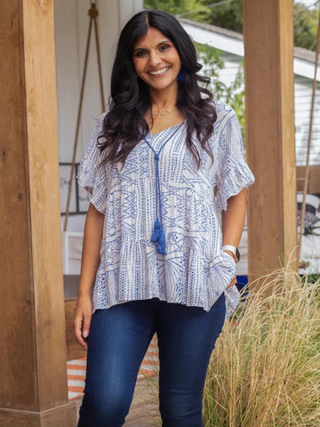 Blue and White Tie Loose Top