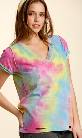 Tie Dye V-neck Folded Short Sleeve w/ Side Slits Top