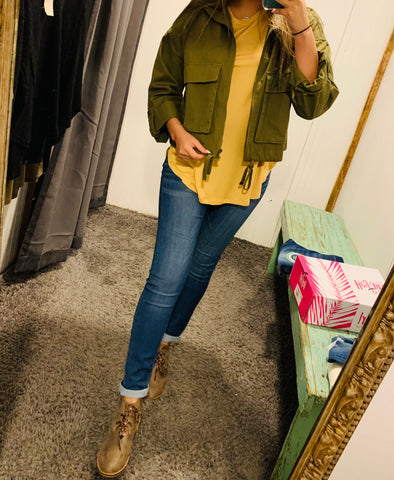 Dark Green Utility Cropped Zipper Jacket