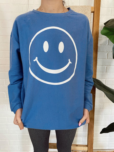 Blue Smiley Face Corded Sweatshirt