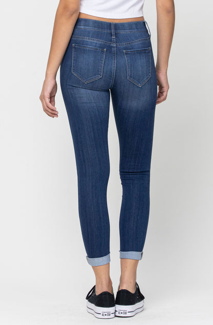 Dark Wash Mid Rise Rolled Hem Pull On Crop Skinny by Cello