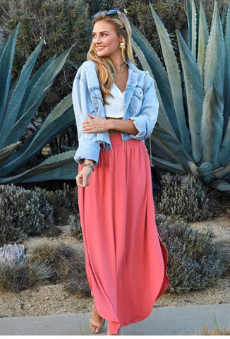 Cranberry Smocking Waistband Maxi Skirt w/ Side Slits