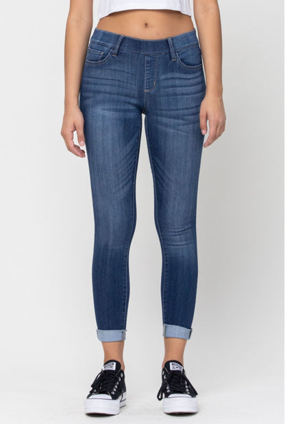 Dark Wash Mid Rise Rolled Hem Pull On Crop Skinny by Cello