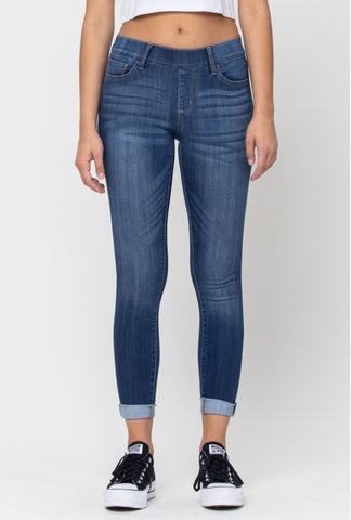 Dark Wash Mid Rise Rolled Hem Pull On Crop Skinny by Cello