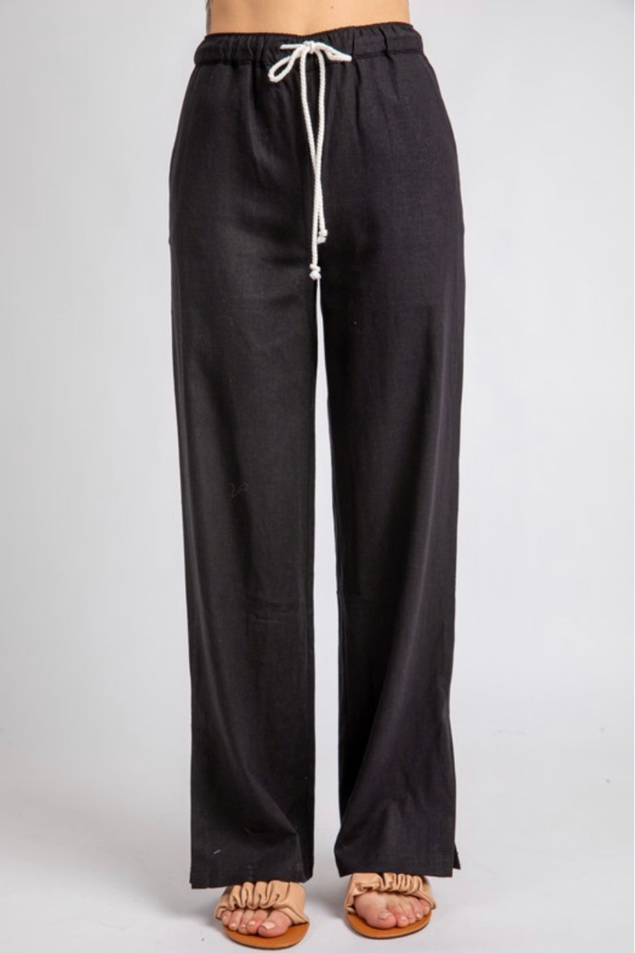 Black Drawstring Waist Linen Pants