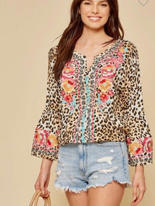Leopard Floral Embroidery Tunic Top w/ Bell Sleeves
