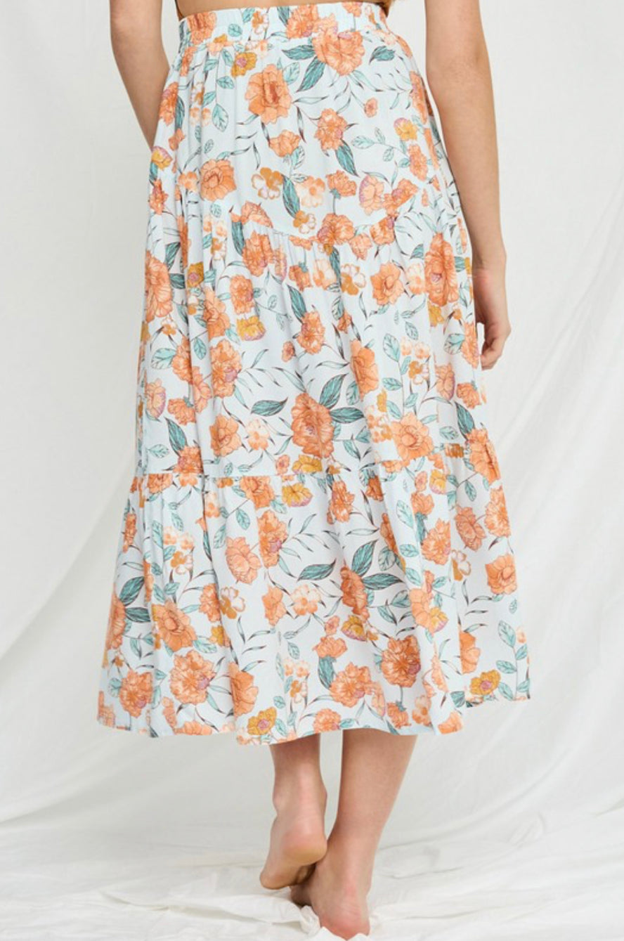 Light Blue Coral Floral Midi Skirt