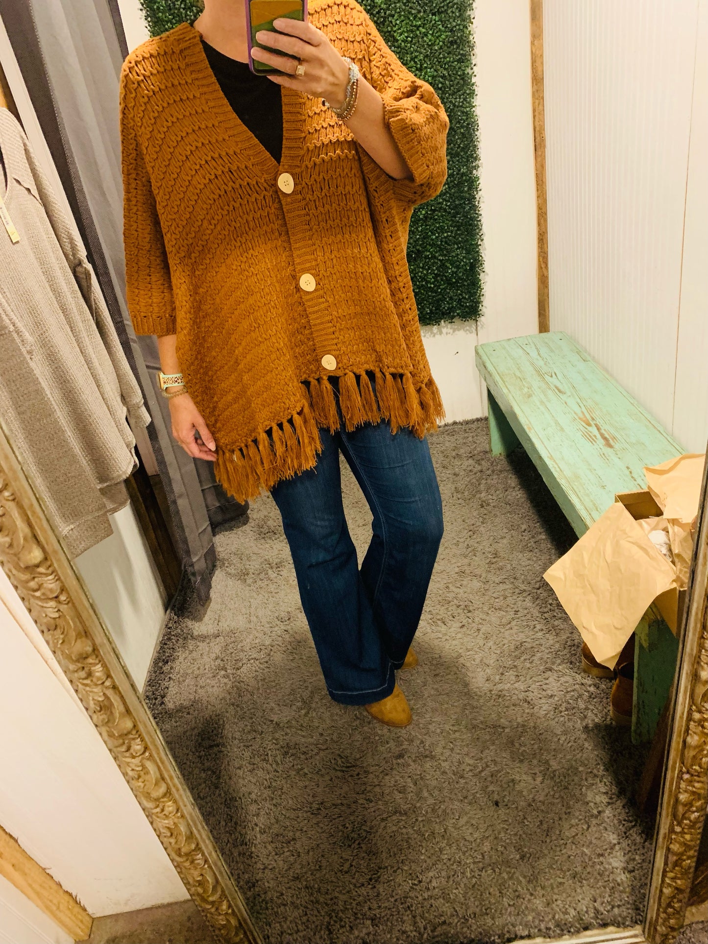 Rust V Neck 3/4 Sleeve Sweater Poncho