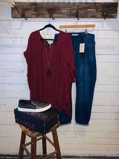 Maroon Short Sleeve Sheer Dolman Top Fully Lined