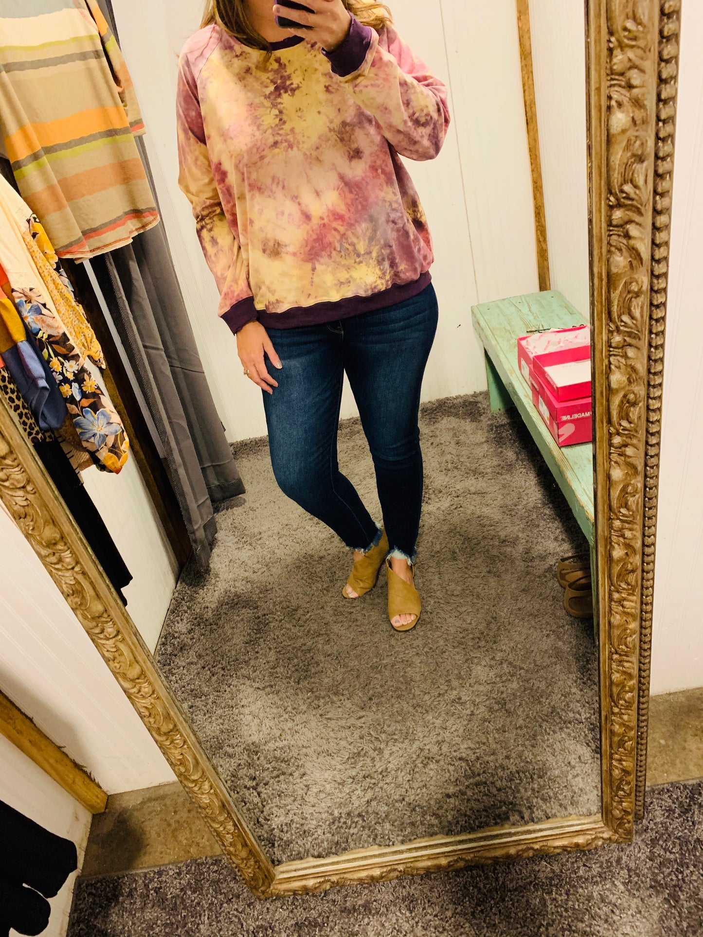 Tie Dye Print Long Sleeve Round Neck Top - Purple Mix