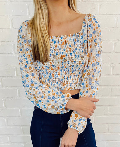 Blue Floral Long Sleeve Crop Top