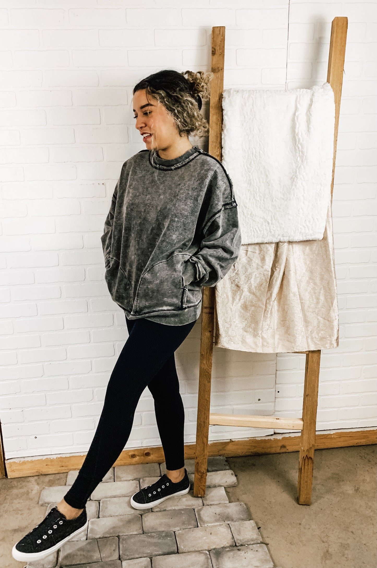 Mineral Wash Ash Black Patched Side Pockets Sweatshirt- Plus
