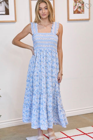 Blue Floral Smocked Square Neck Maxi Dress