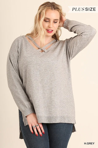 Grey High Low Crossed Scoop Neck Sweater