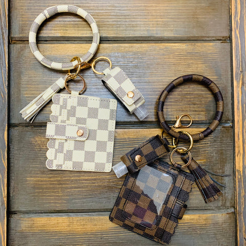 Designer Inspired Wallet and Keychain Wristlet with Sanitizer
