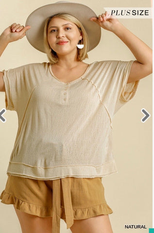 Natural Button Front Short Sleeve Raw Edge- Plus
