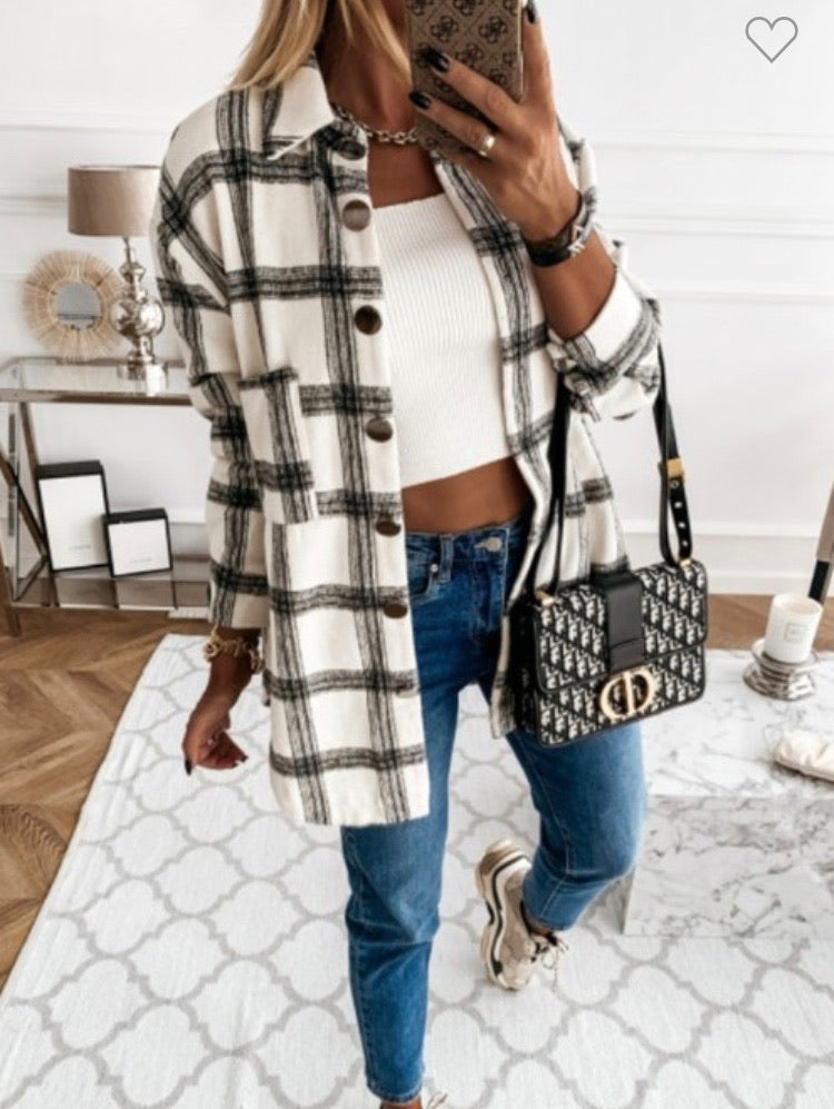 Black/White Grid Print Oversize Thick Flannel
