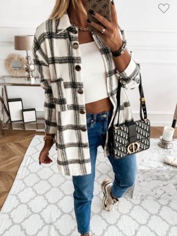 Black/White Grid Print Oversize Thick Flannel