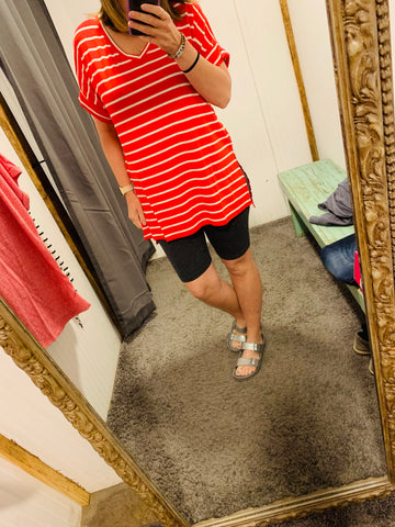 V-Neck Ruby Red & Ivory Stripe Knit Top