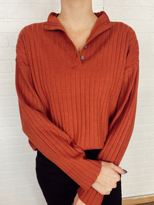 Mauve Rust Sweater Rib Pull Over with Button Neck Top