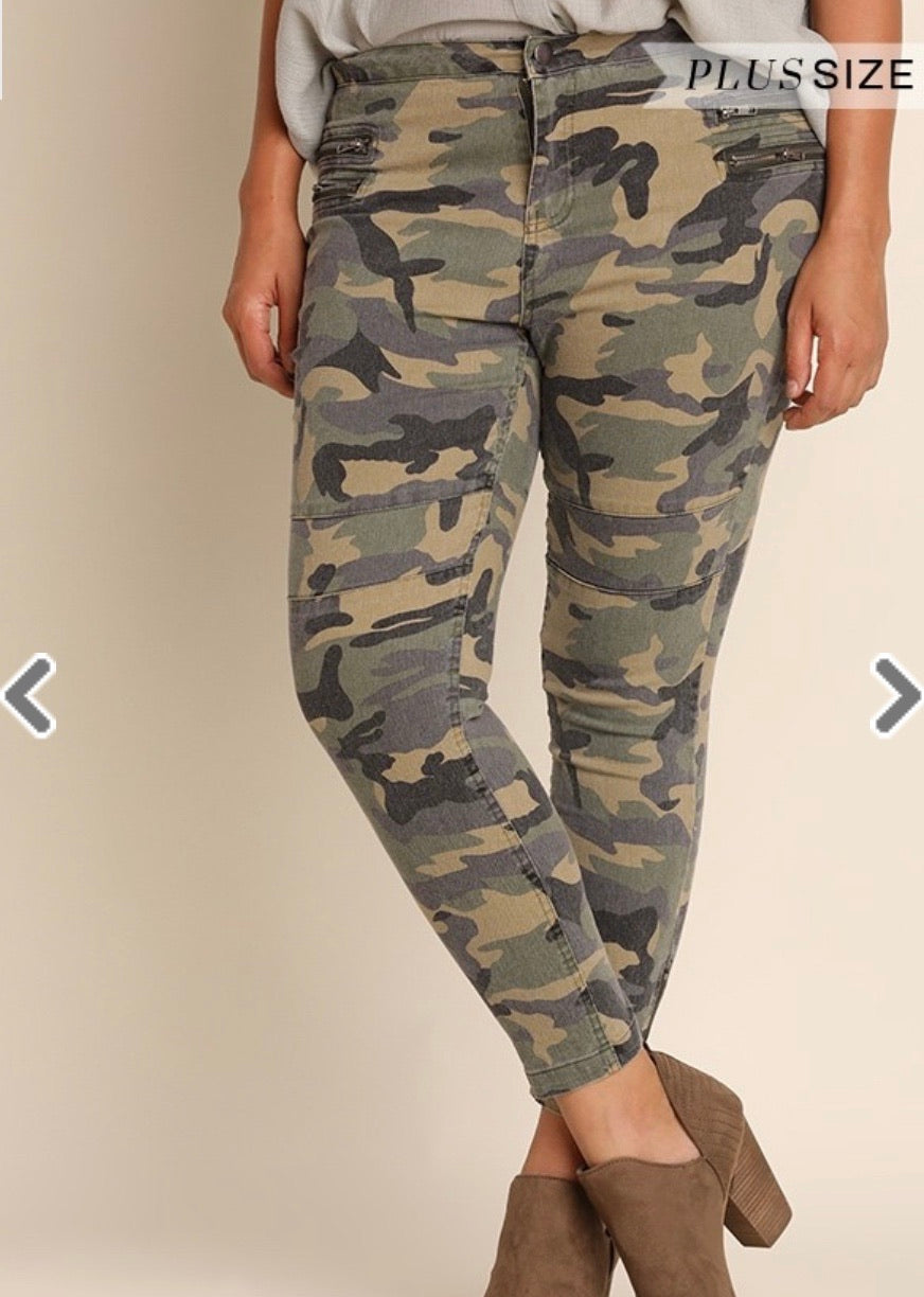 Olive Camo Moto Pants with Zipper Front and Ankle Details - Plus