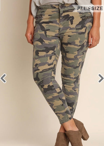 Olive Camo Moto Pants with Zipper Front and Ankle Details - Plus