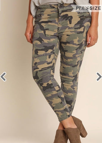 Olive Camo Moto Pants with Zipper Front and Ankle Details - Plus