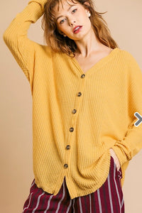 Long Sleeve Mustard Waffle Knit Button Front Cardigan with Scoop Hem