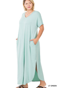 Light Green V-Neck Short Sleeve Maxi Dress- Plus