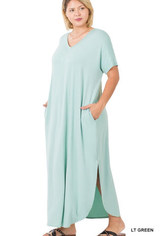 Light Green V-Neck Short Sleeve Maxi Dress- Plus